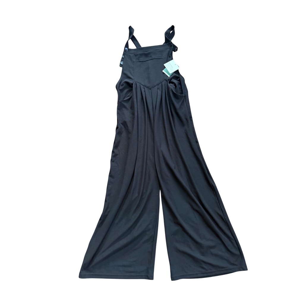 Halara Black Wide Leg Overalls Waffle Knit Adjustable Straps Large Petite NWT